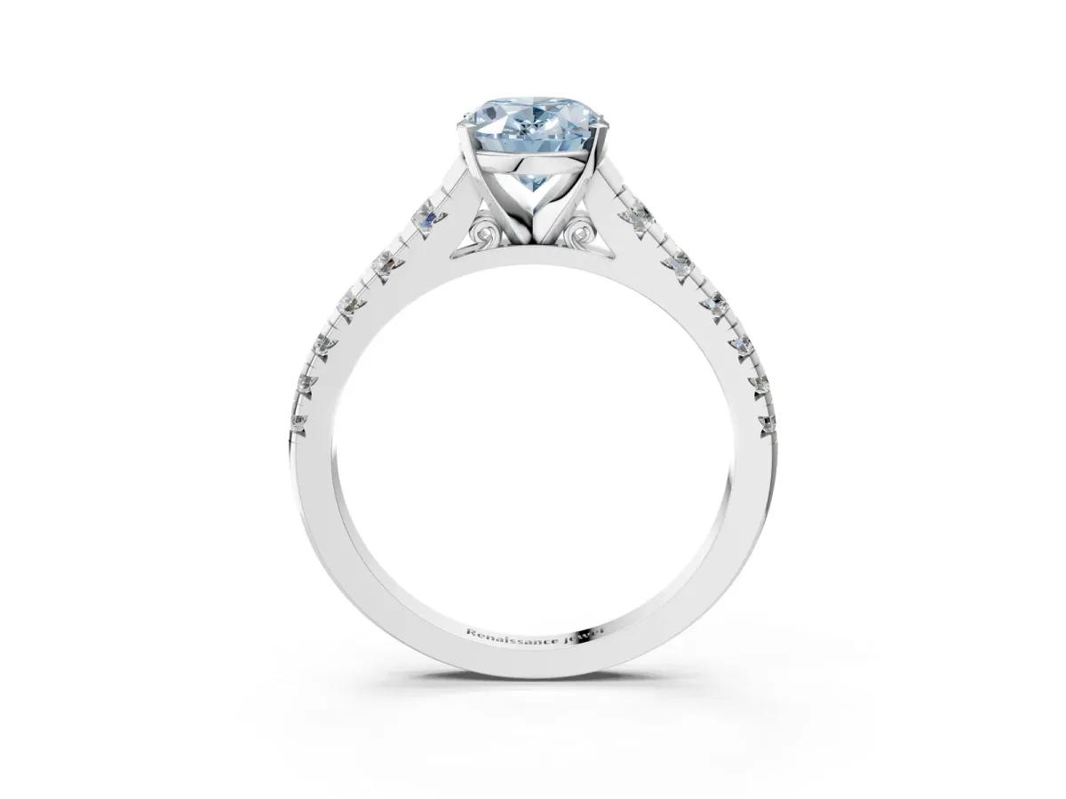 Fancy Blue Oval Cut Diamond Cathedral Solitaire Ring with Round Pavé Band Silver