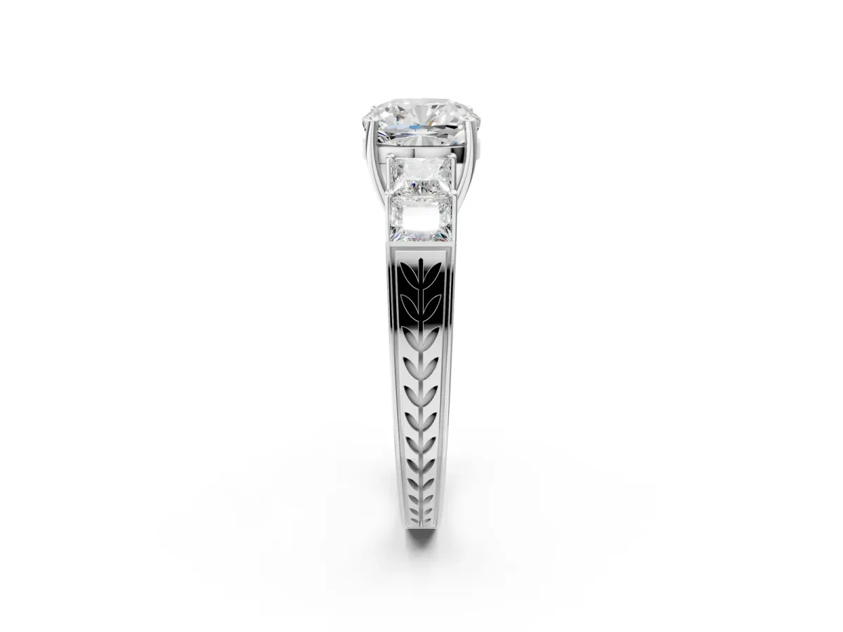 Cushion Cut Solitaire Princess Side Stone Engraved Band Prong Setting Ring Silver