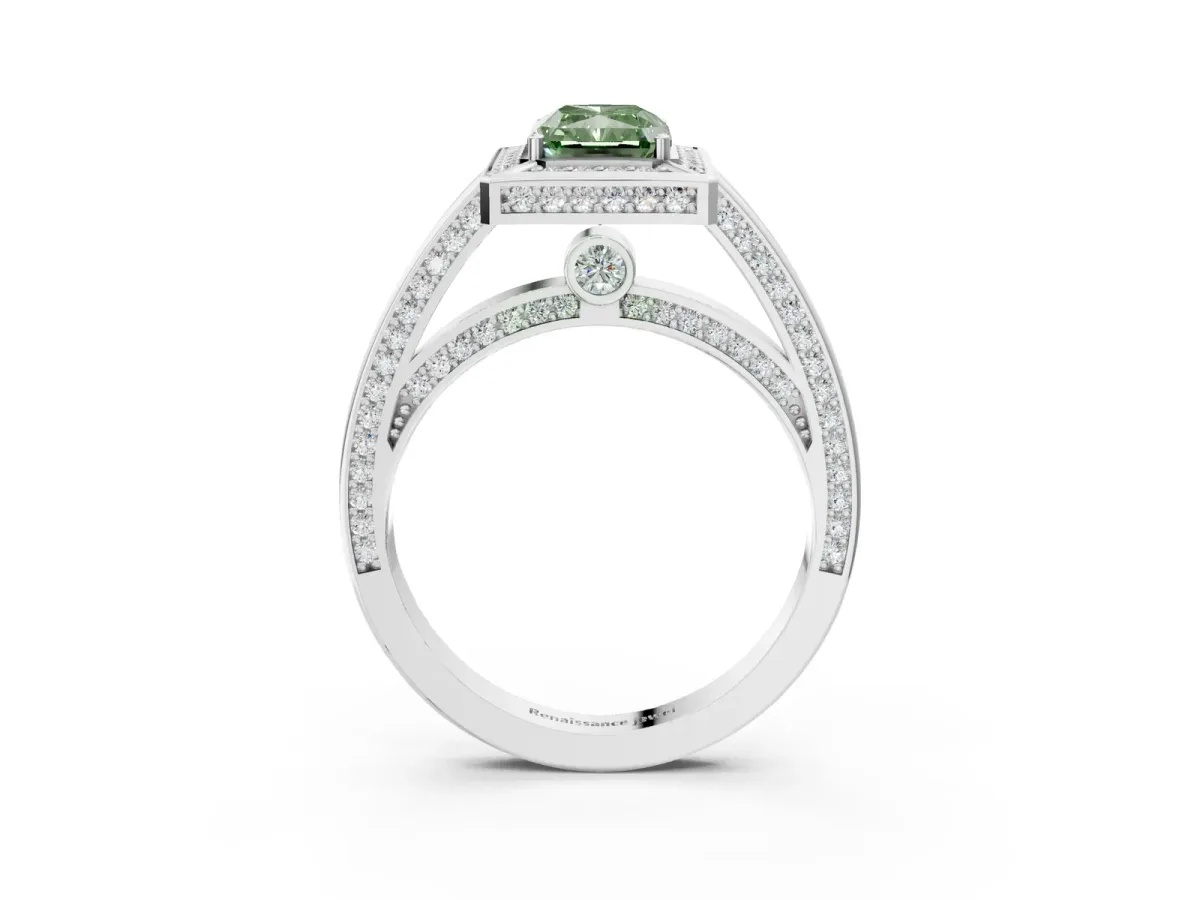 Fancy Green Radiant Cut Cut Halo Pave Split Shank Prong Setting Ring Platinum