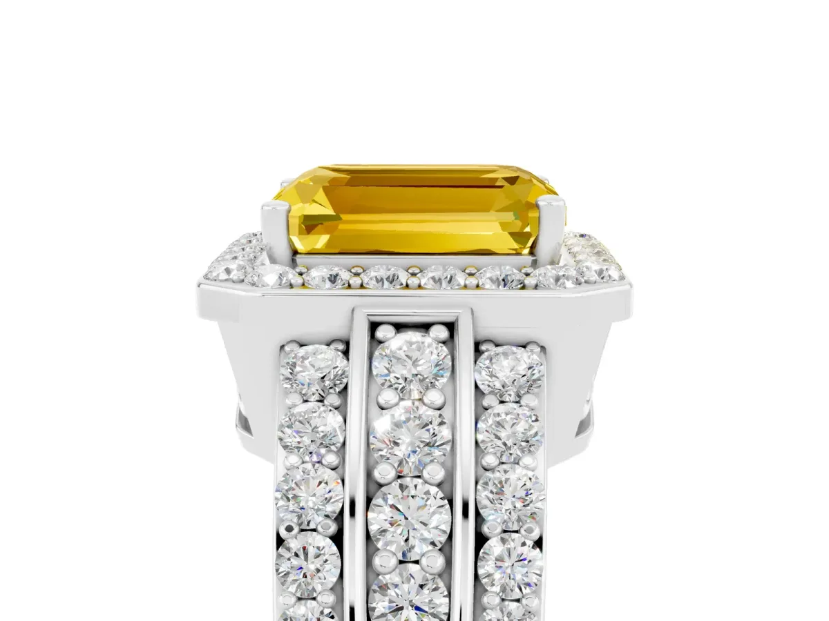 Emerald Cut Halo Yellow Sapphire Ring with Round Split Shank and Prong Setting Platinum