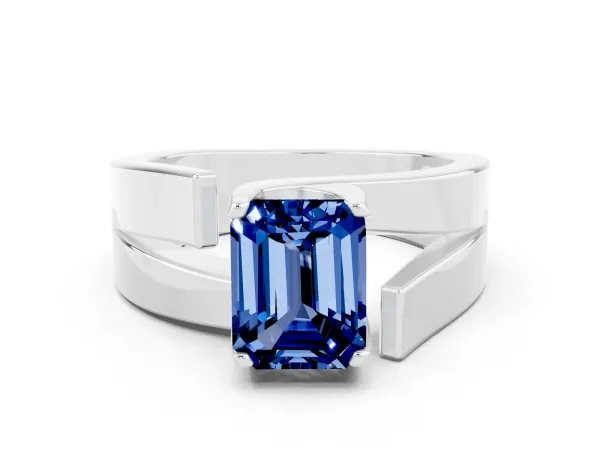 Modern Tension Set Emerald Cut Blue Sapphire Solitaire Wide Band Ring Platinum