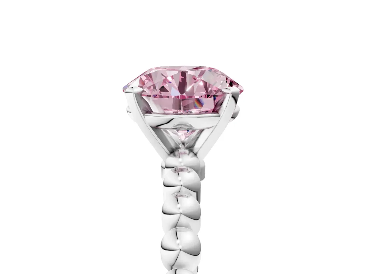Fancy Pink Round Cut Diamond Solitaire Ring with Beaded Band and Prong Setting Silver