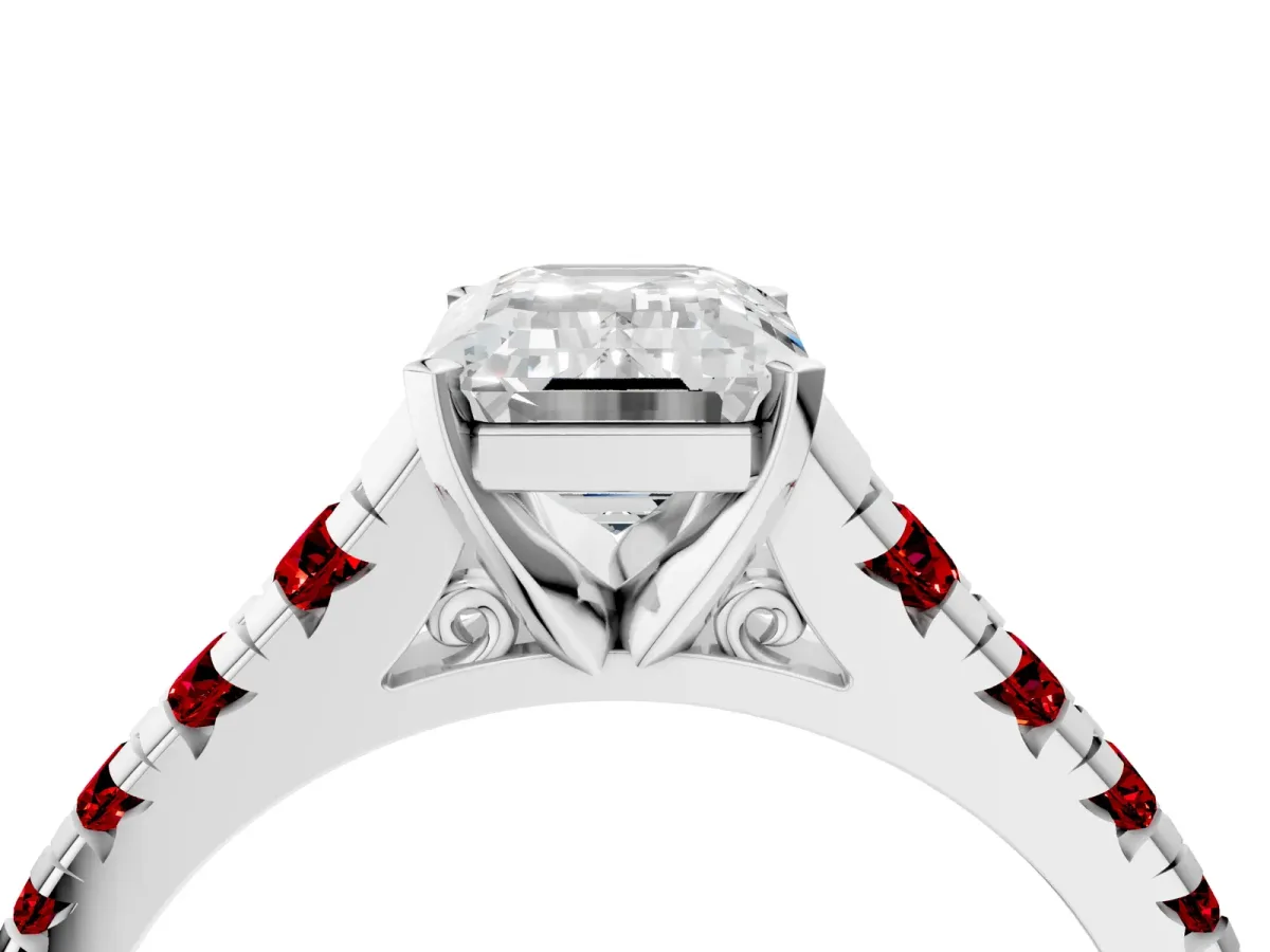 Emerald Cut Diamond Cathedral Solitaire Ring with Round Ruby Pavé Band Platinum