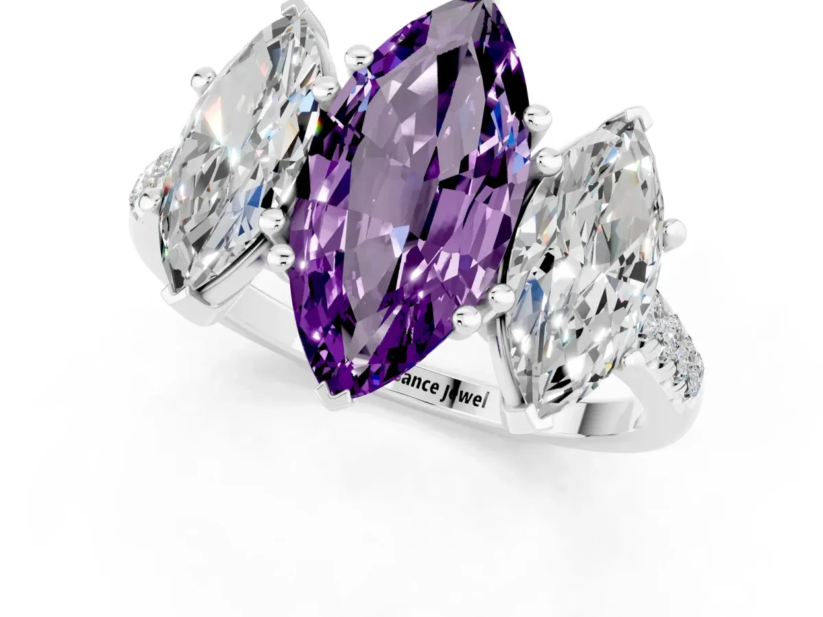 Three-Stone Marquise Cut Amethyst Ring with Round Pavé Band and Prong Setting Platinum
