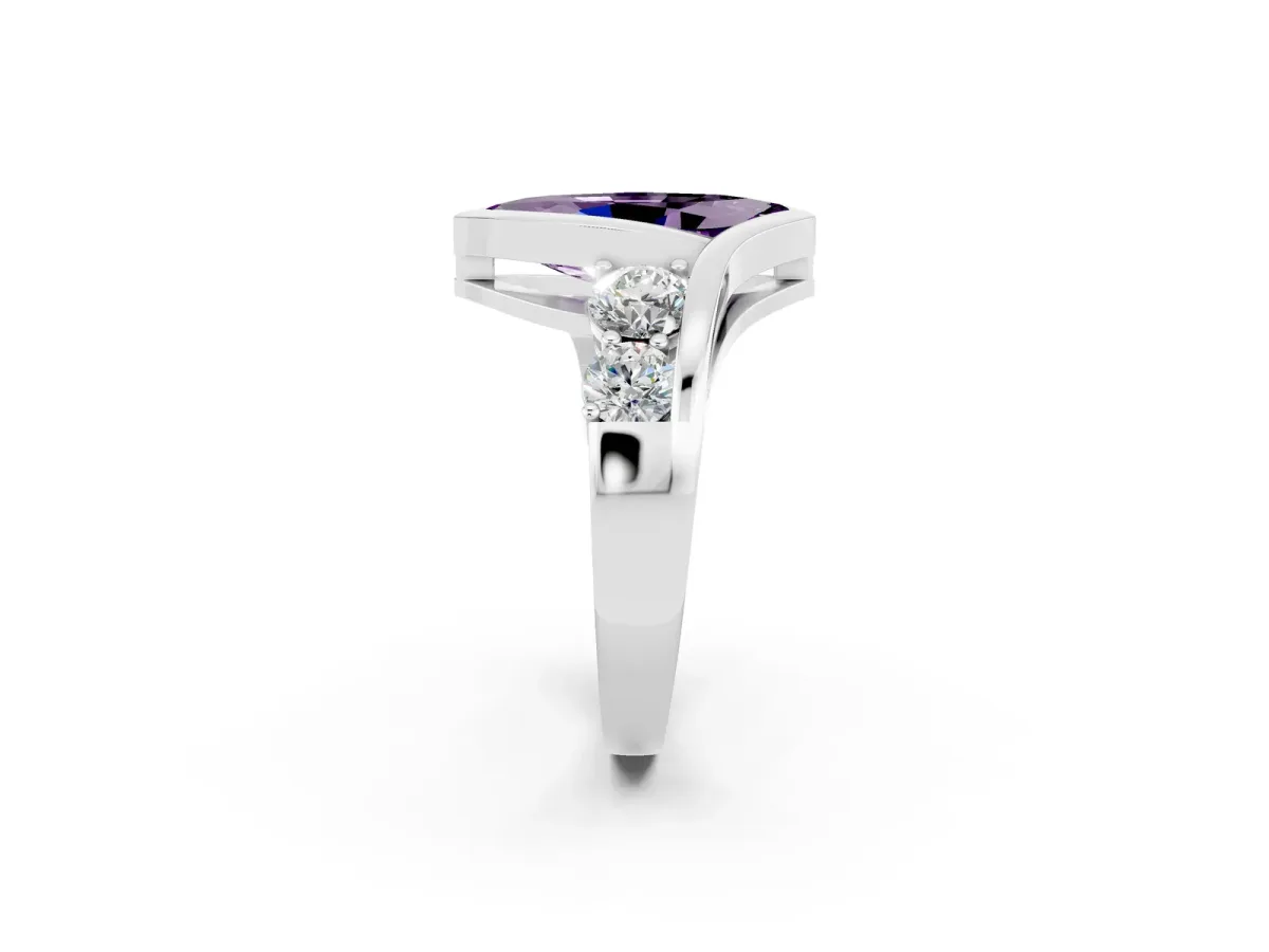 Bezel Set Marquise Cut Amethyst Bypass Ring with Round Accents Silver