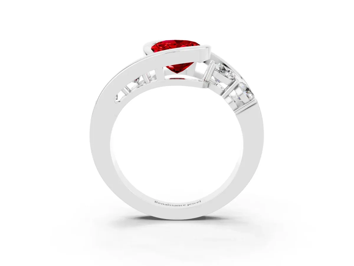 Bezel Set Oval Cut Ruby Bypass Ring with Round Accents Silver