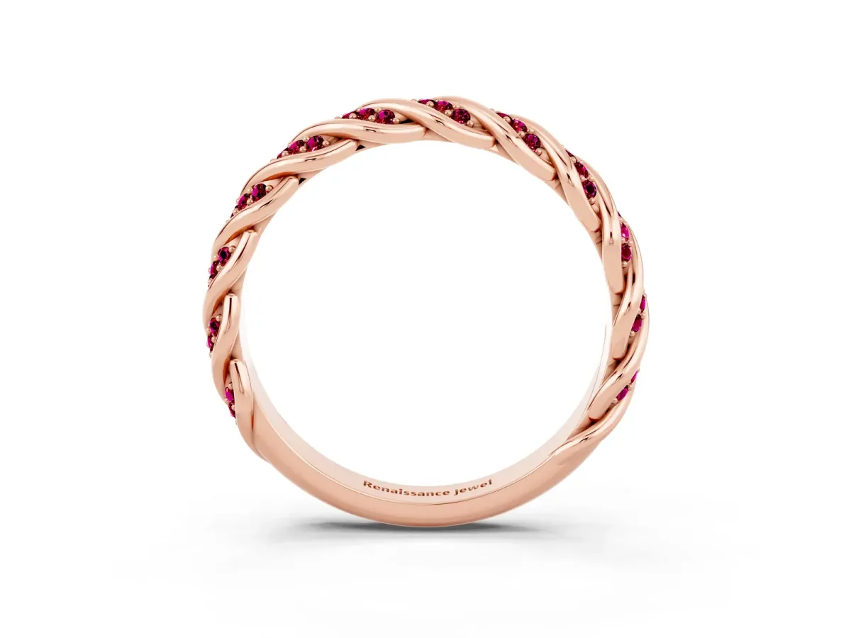 Twisted Pavé Round Garnet Eternity Band with Shared Prong Setting Rose gold