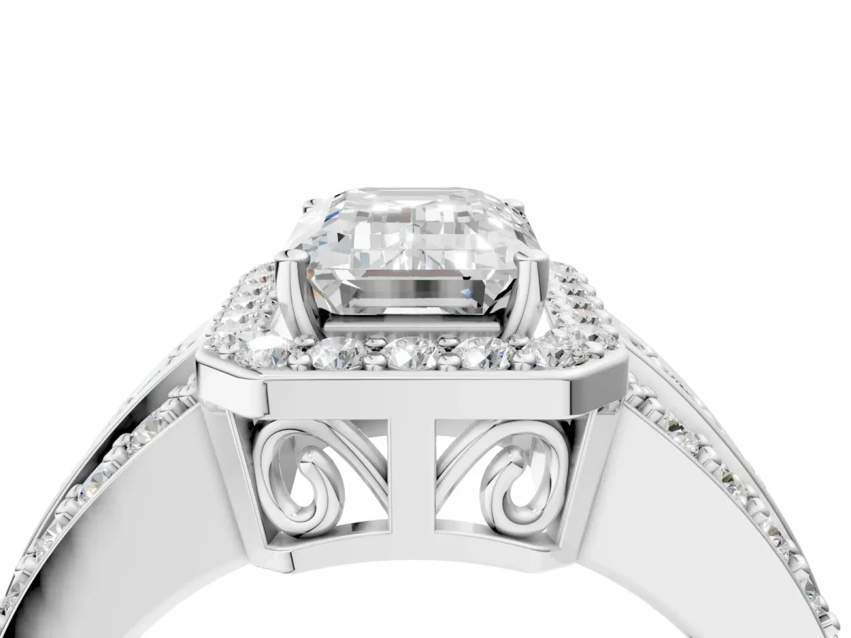Emerald Cut Halo Diamond Ring with Round Moissanite Split Shank and Prong Setting Silver