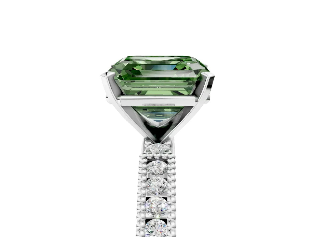 Fancy Green Asscher Cut Solitaire with Pavé Band and Four-Prong Setting Silver