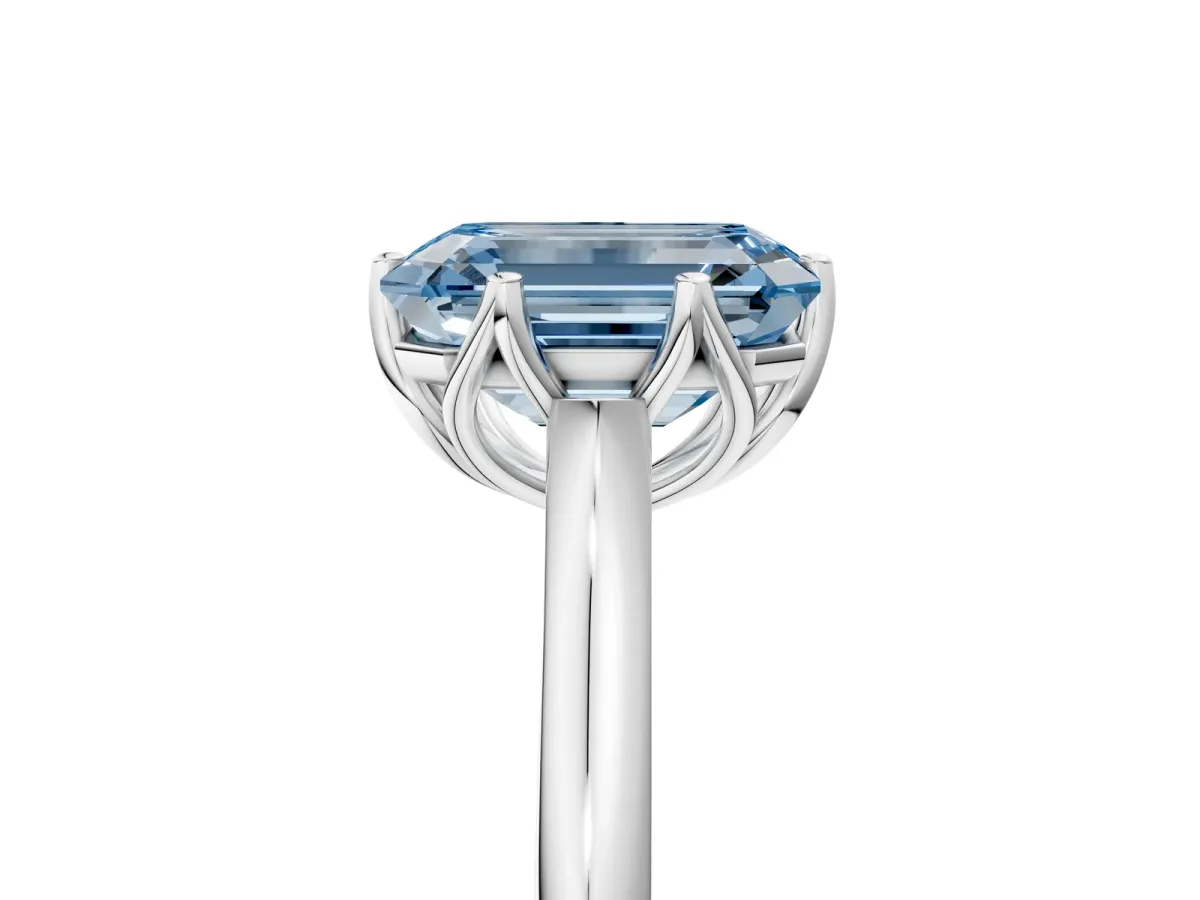 Fancy Blue Emerald Cut Solitaire Cathedral Diamond Ring with Six-Prong Setting Silver