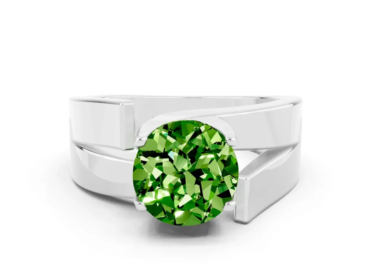 Modern Tension Set Round Cut Peridot Solitaire Wide Band Ring Platinum