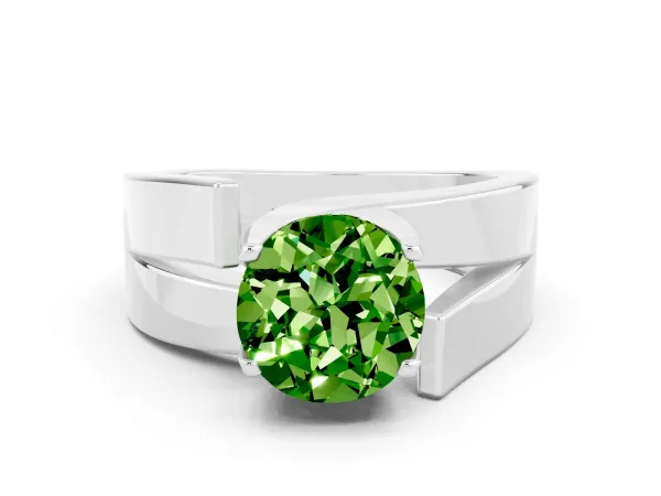 Modern Tension Set Round Cut Peridot Solitaire Wide Band Ring Platinum