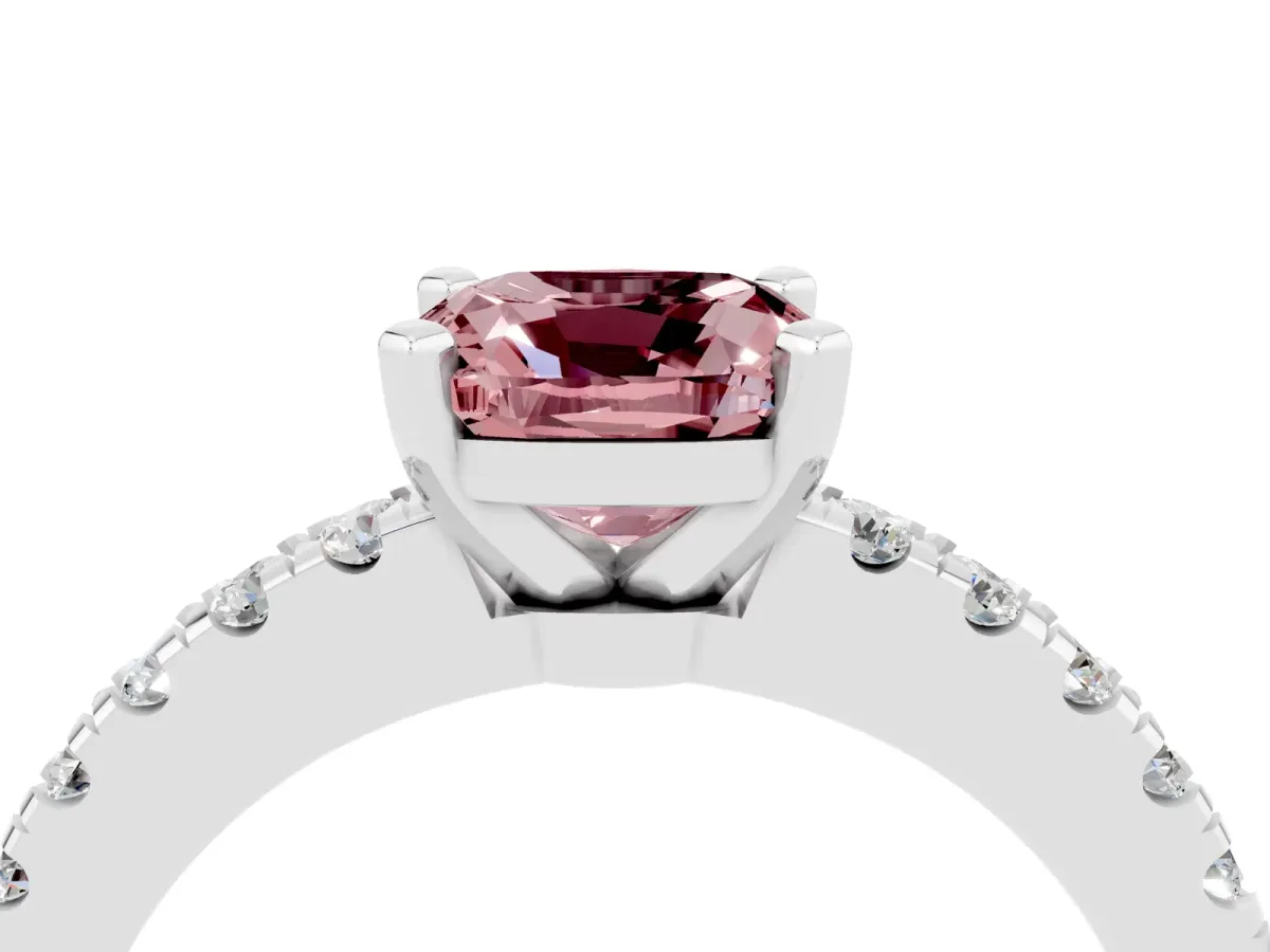 Cushion Cut Solitaire Morganite with Pavé Band and Four-Prong Setting Silver