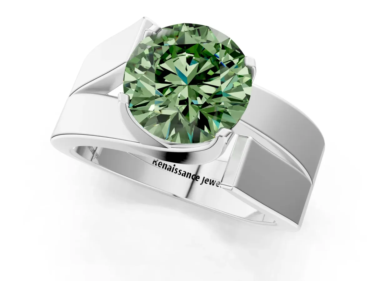 Fancy Green Modern Tension Set Round Cut Diamond Solitaire Wide Band Ring Silver