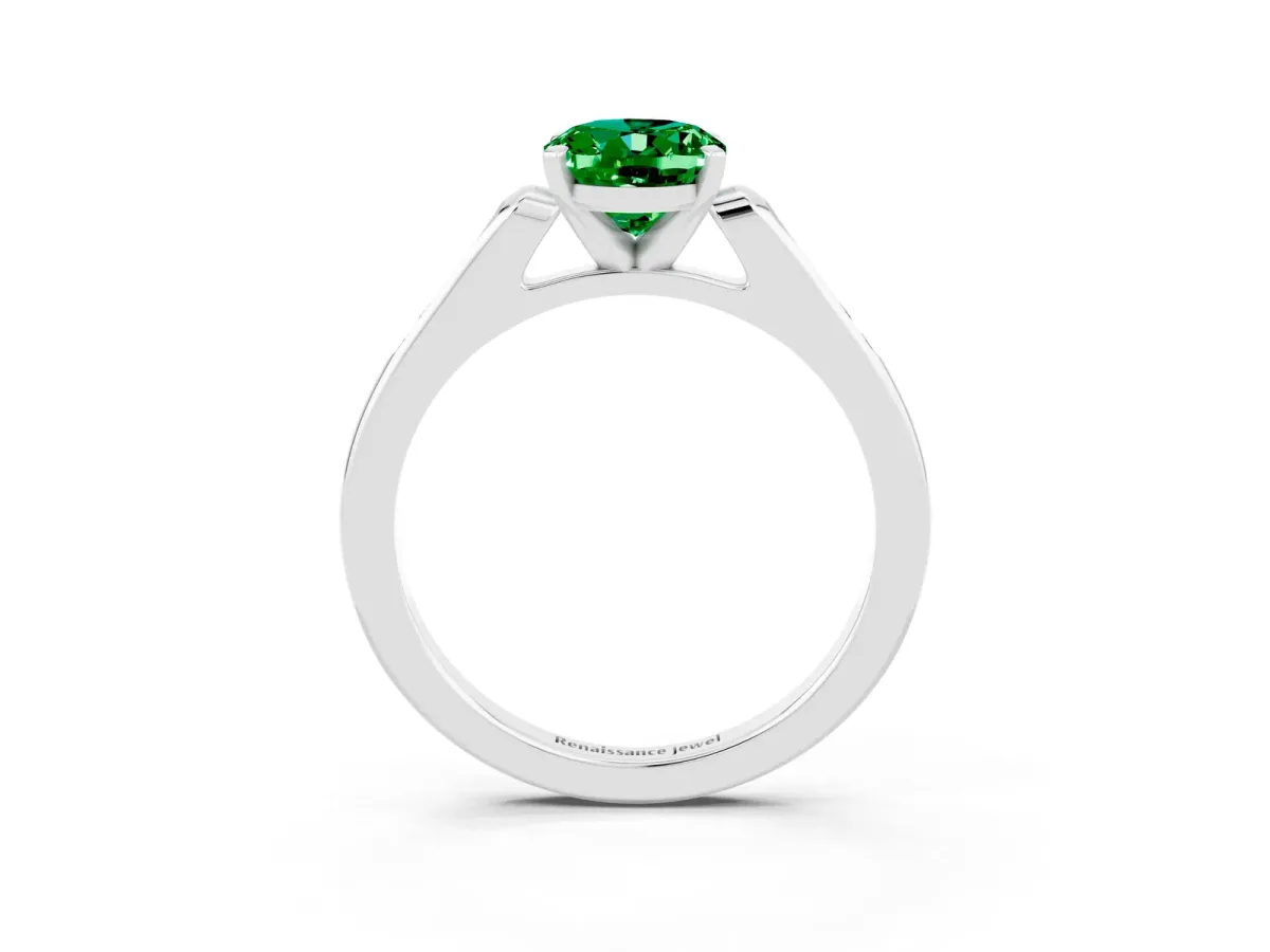 Oval Cut Emerald Solitaire Ring with Channel Set Round Band and Prong Setting White gold