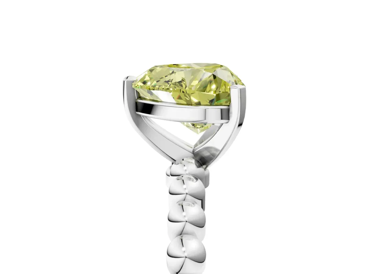 Fancy Yellow Heart Cut Diamond Solitaire Ring with Beaded Band and Prong Setting Silver