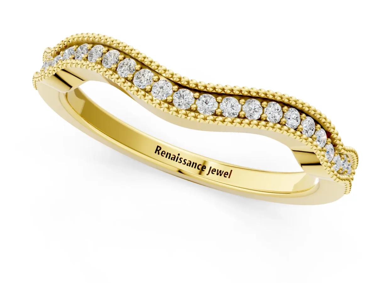 Pavé Round Diamond Curved Milgrain Band Yellow gold