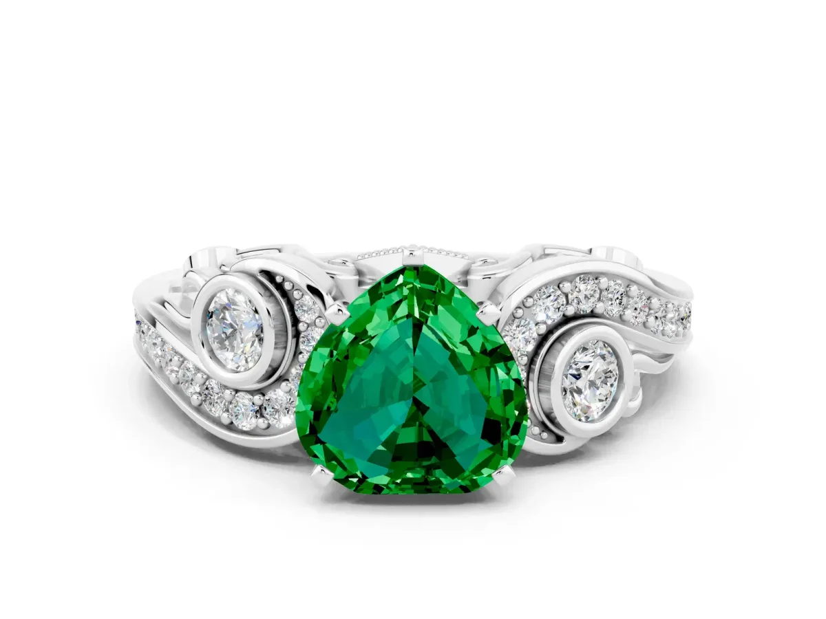 Heart Cut Emerald Solitaire Ring with Milgrain Pavé Band and Four-Prong Setting Silver