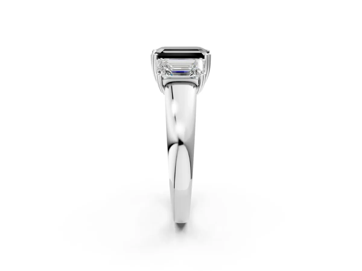 Fancy Black Three-Stone Emerald Cut Cut Diamond Ring with Channel Set Band and Four-Prong Setting Silver