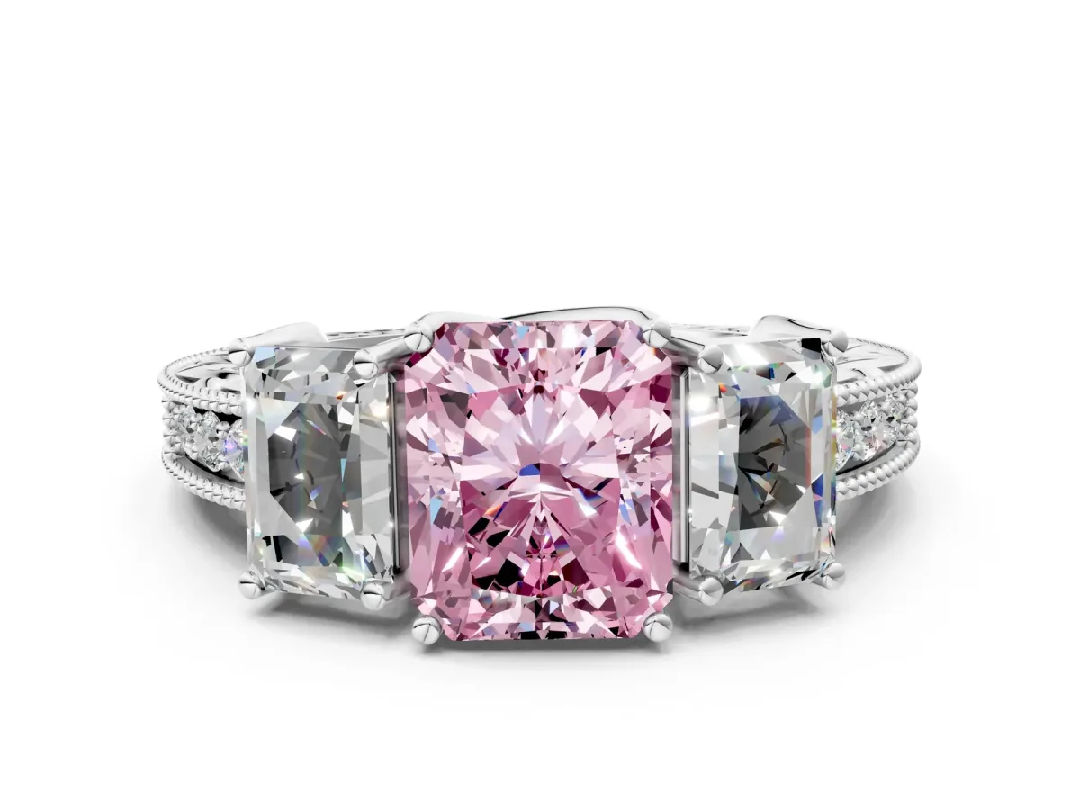 Fancy Pink Three-Stone Radiant Cut Cut Milgrain Pavé Engagement Ring Platinum