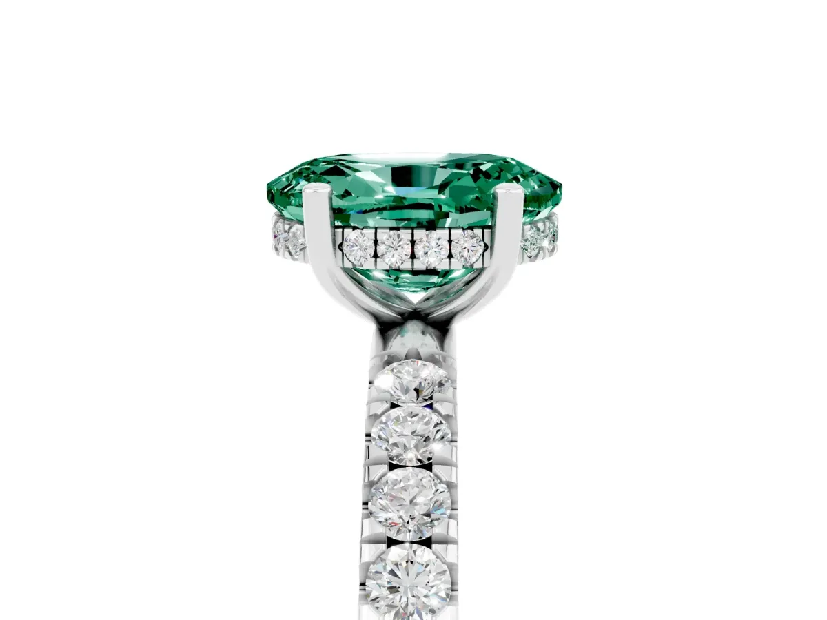 Oval Cut Green Sapphire Pave Band Solitaire Ring with Round and Prong Setting Silver
