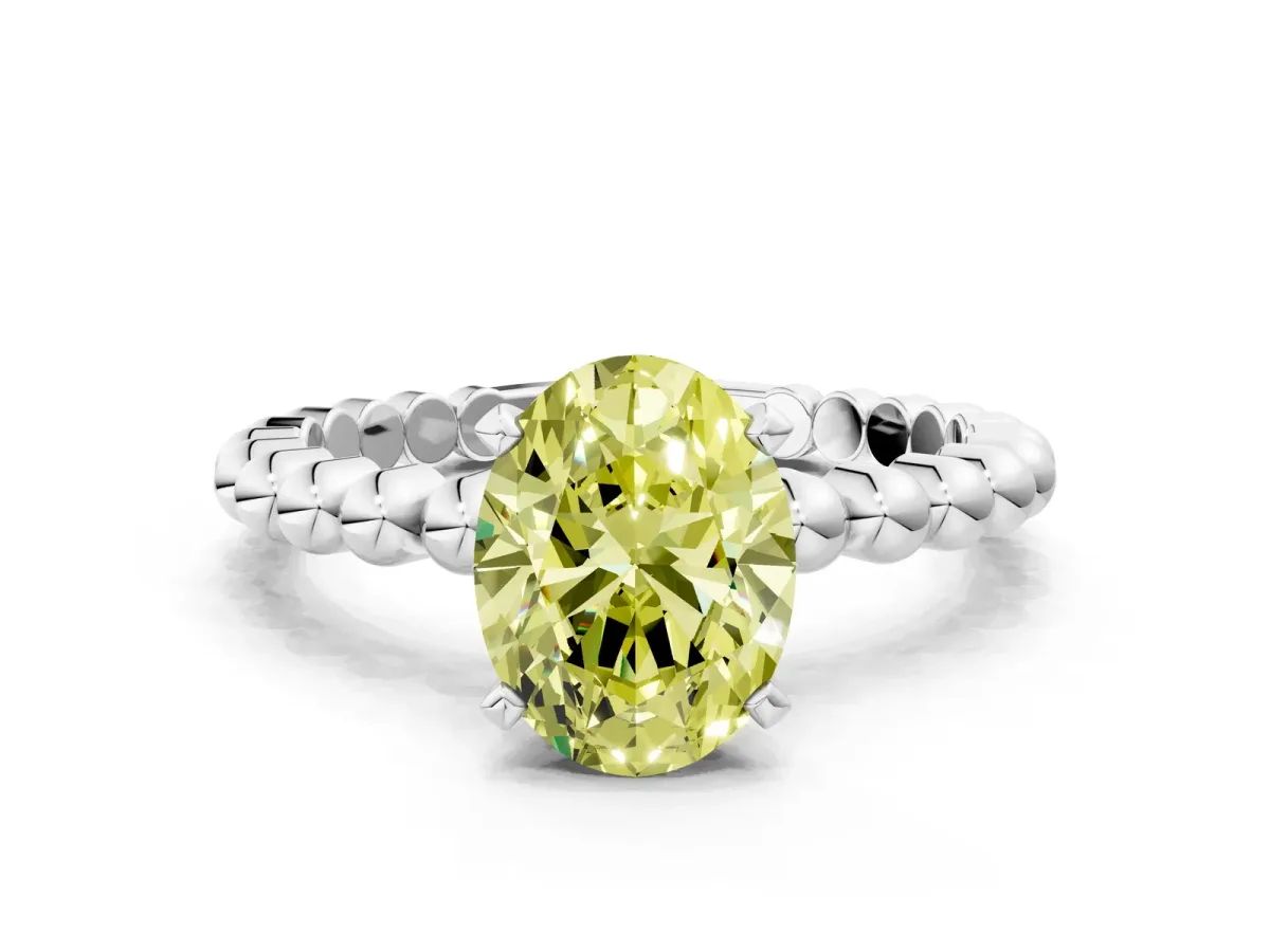 Fancy Yellow Oval Cut Diamond Solitaire Ring with Beaded Band and Prong Setting Silver