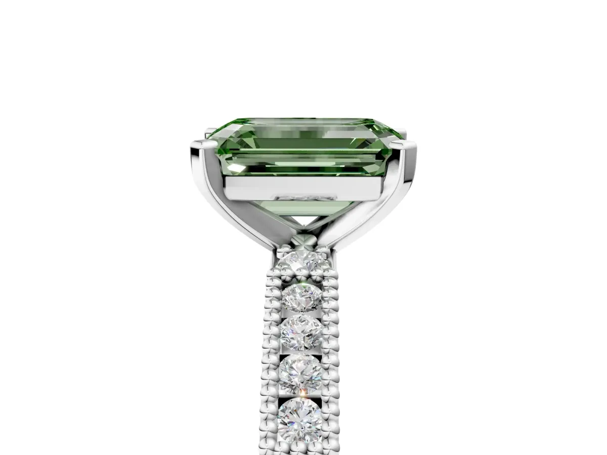 Fancy Green Emerald Cut Solitaire with Pavé Band and Four-Prong Setting Silver