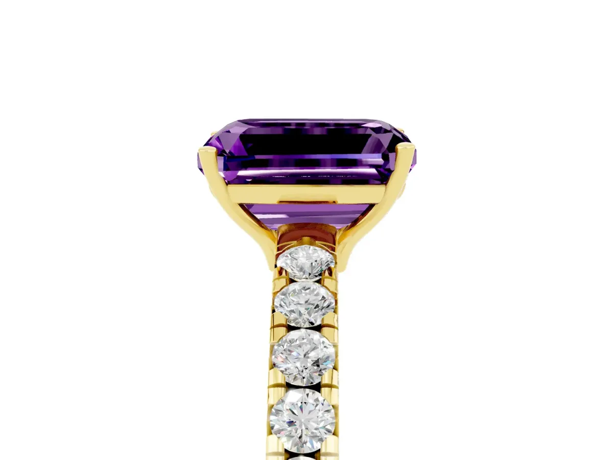 Emerald Cut Amethyst Pavé Solitaire Engagement Ring with Four-Prong Setting Yellow gold