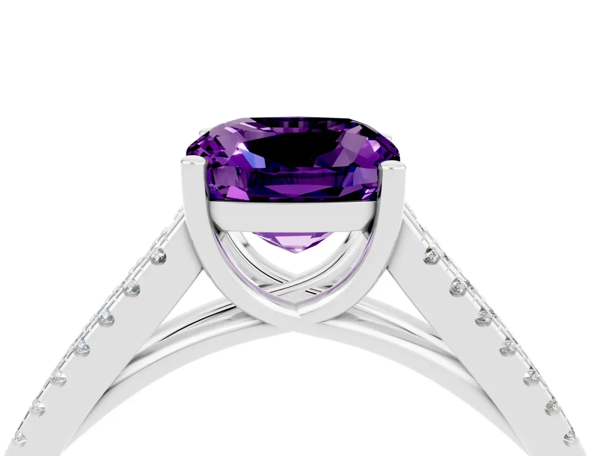 Cushion Cut Amethyst Solitaire Engagement Ring with Split Shank Pavé Band Silver