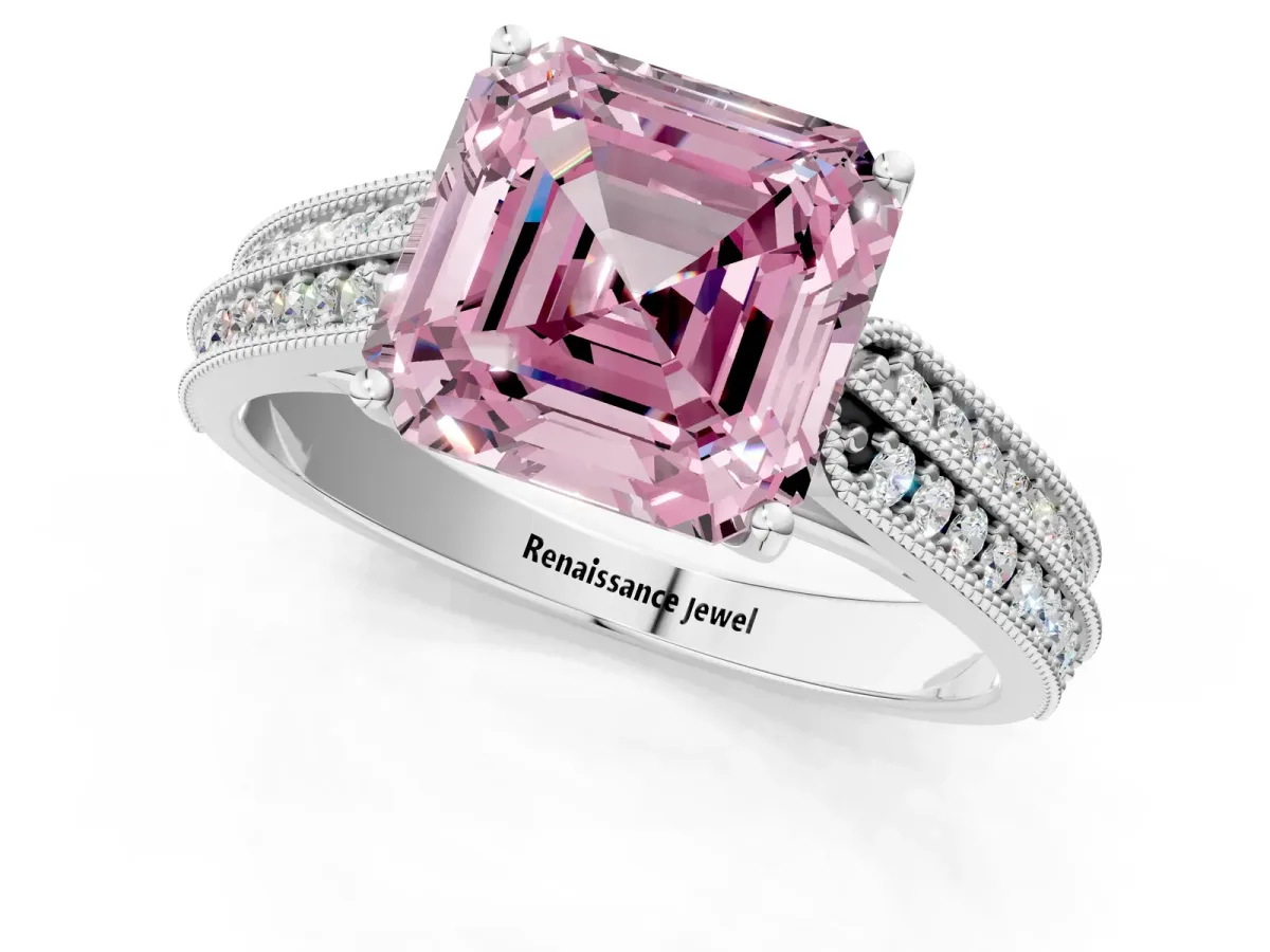 Fancy Pink Asscher Cut Cut Pave Split Shank Engagement Ring with Four-Prong Setting Platinum