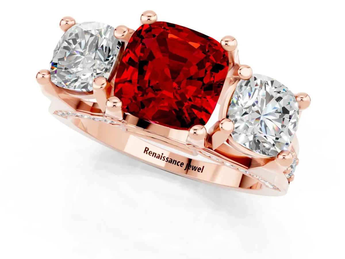 Cushion Cut Ruby Three-Stone Ring with Channel Set Band and Four-Prong Setting Rose gold