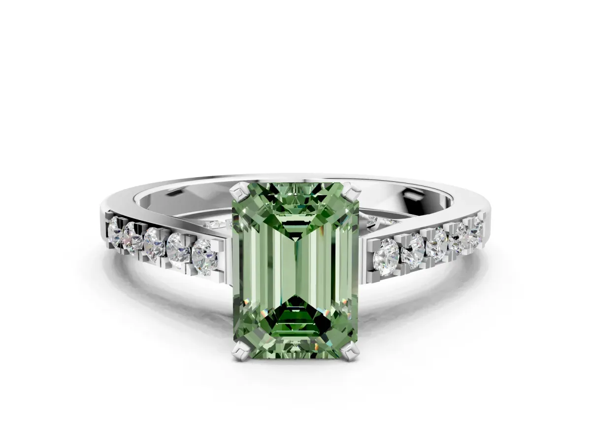 Fancy Green Emerald Cut Diamond Solitaire Ring with Crossover Gallery and Round Pavé Band Silver