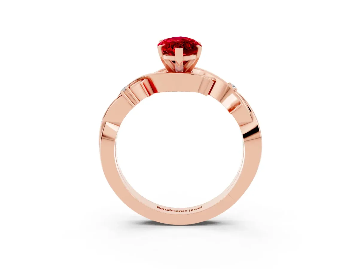 Marquise Cut Ruby Solitaire Ring with Twisted Band and Prong Setting Rose gold
