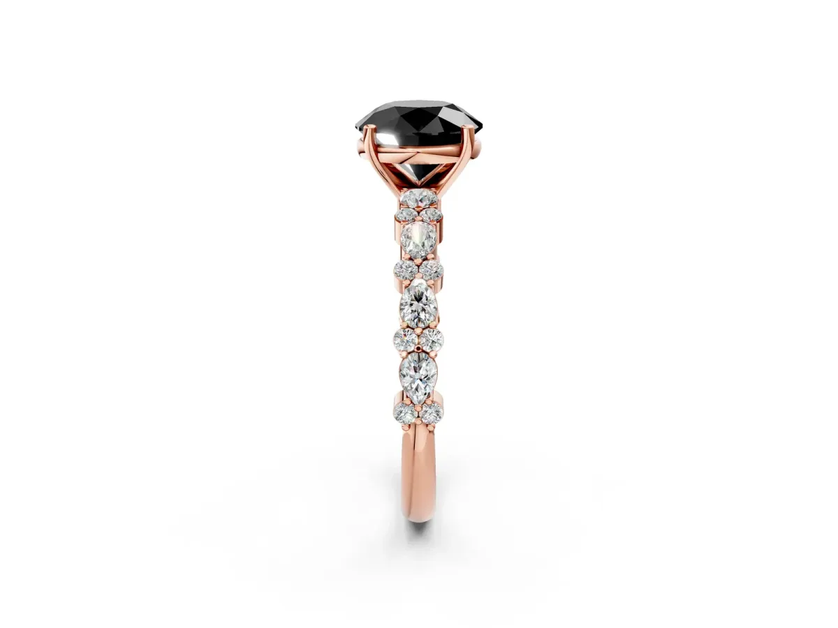 Fancy Black Round Cut Diamond Side Stone Solitaire Ring with Round and Four-Prong Setting Rose gold