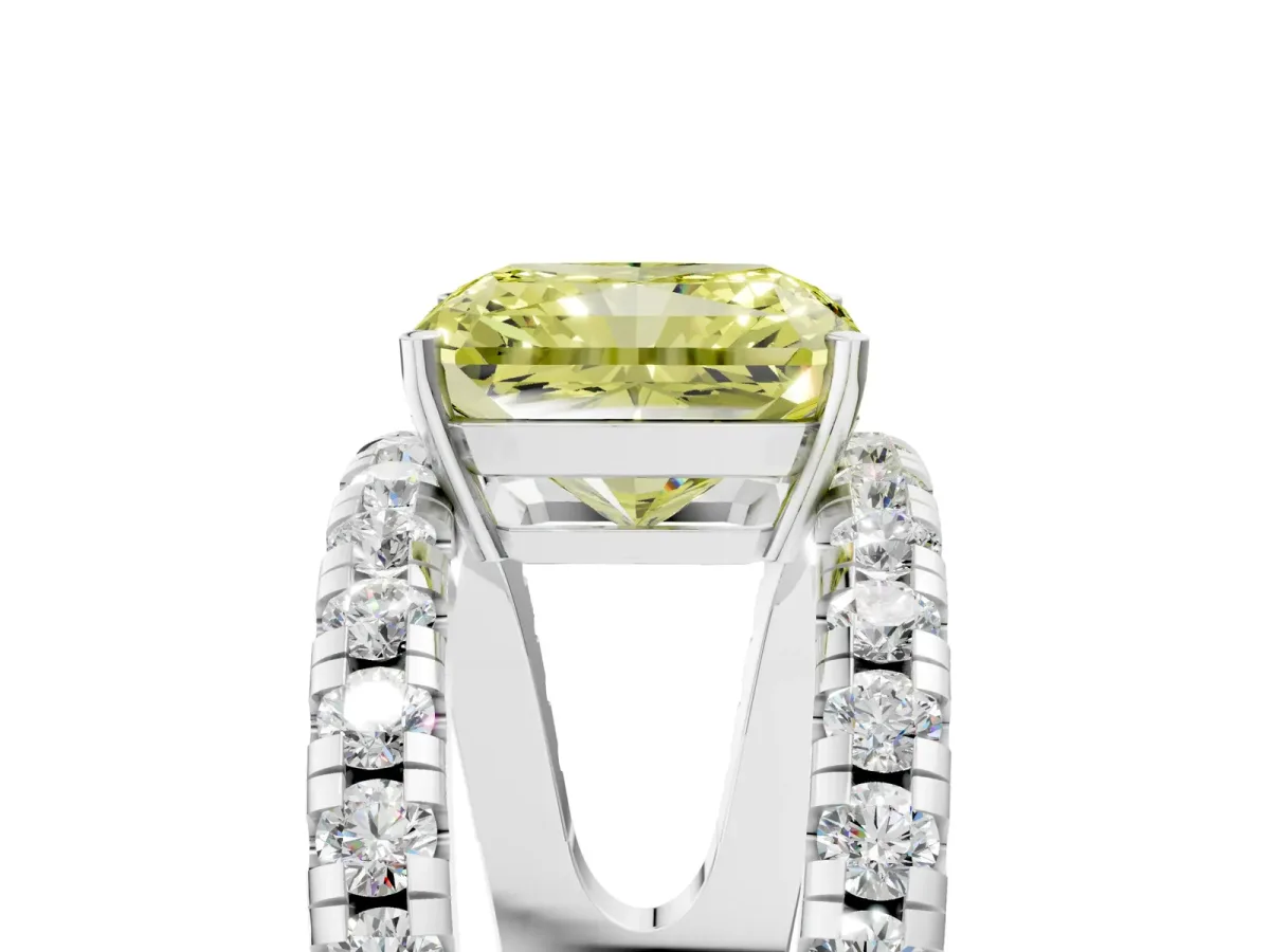 Fancy Yellow Radiant Cut Solitaire Split Shank Pave Diamond Ring Platinum