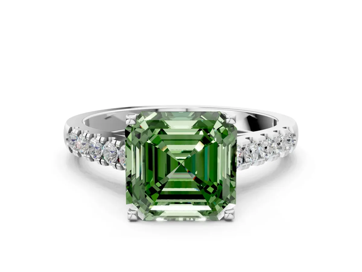 Fancy Green Asscher Cut Diamond Pavé Band Solitaire Ring with Prong Setting Platinum