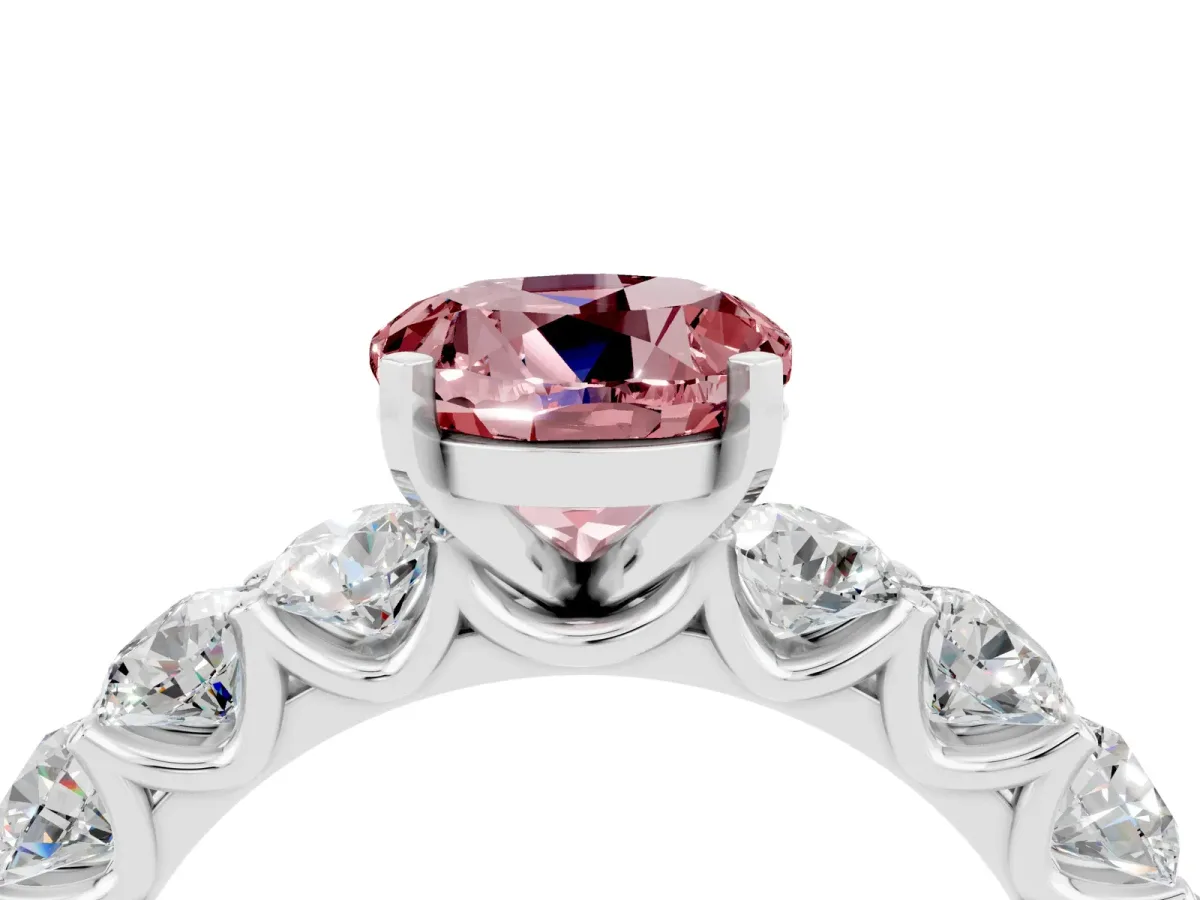 Round Cut Morganite Prong Setting with Side Stones on a Pave Band Silver