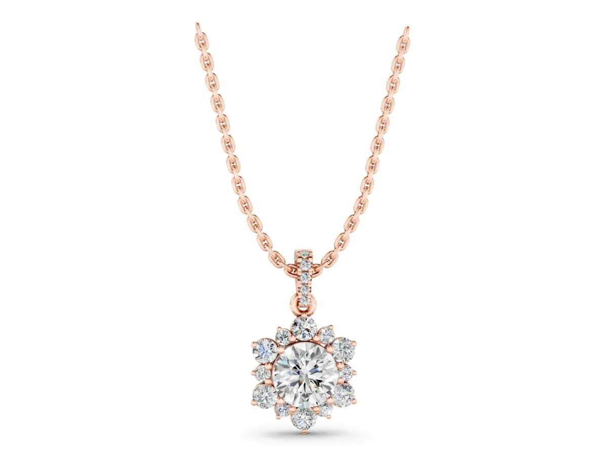 Round Brilliant Cluster Diamond Pendant with Prong Setting Rose gold