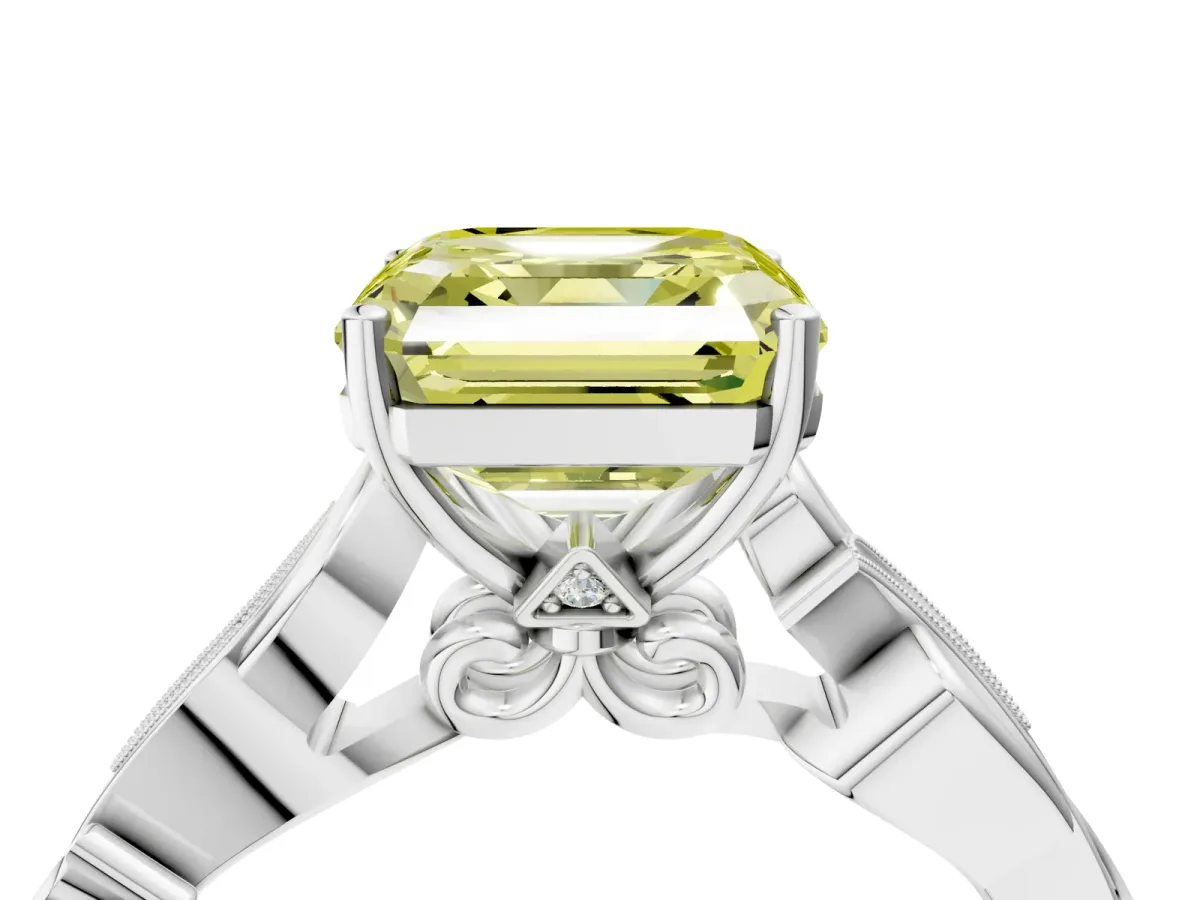Fancy Yellow Asscher Cut Solitaire Vine Band with Milgrain Prong Setting Platinum
