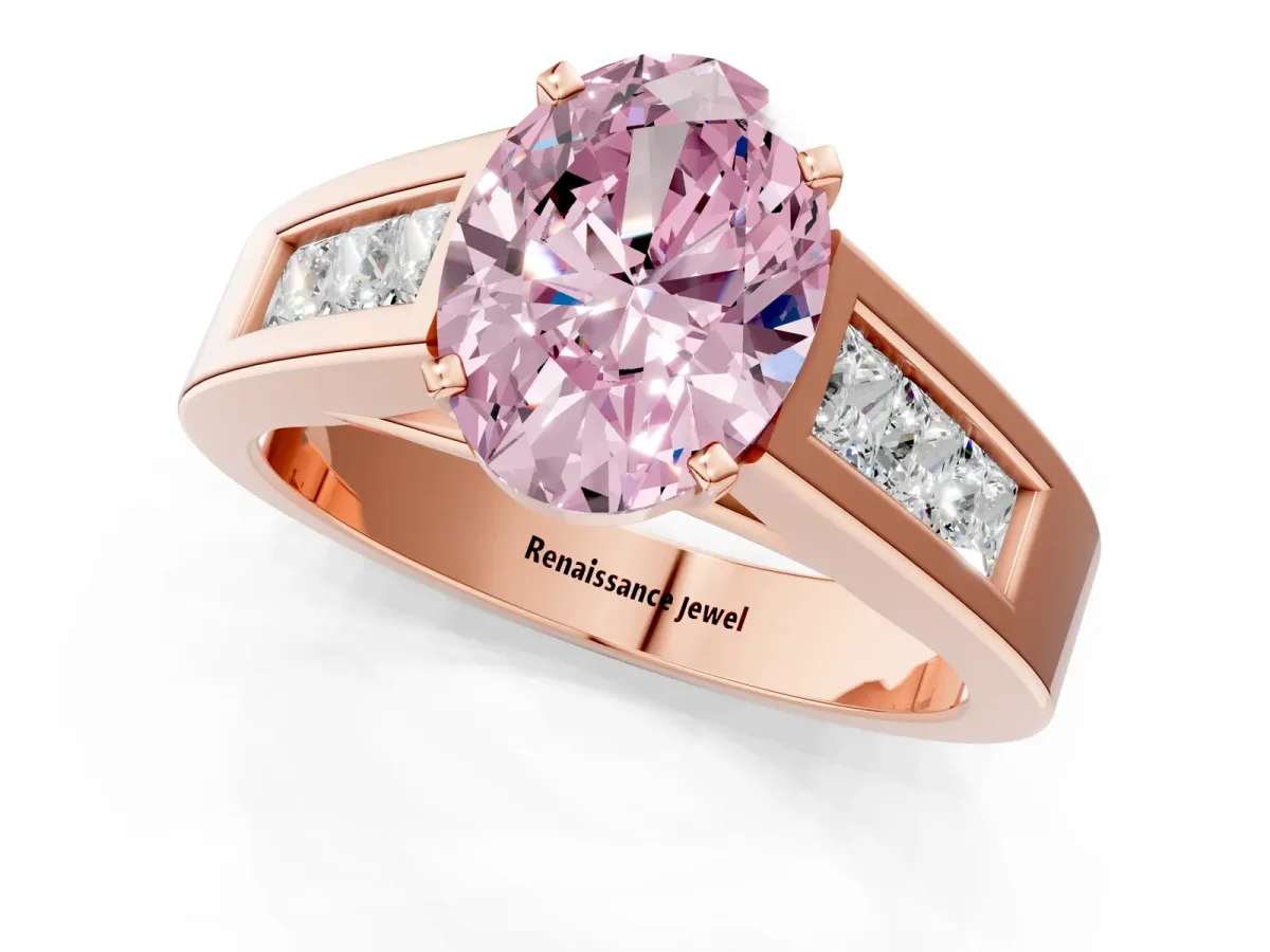 Fancy Pink Oval Cut Cut Channel Set Solitaire Ring with Four-Prong Setting Rose gold