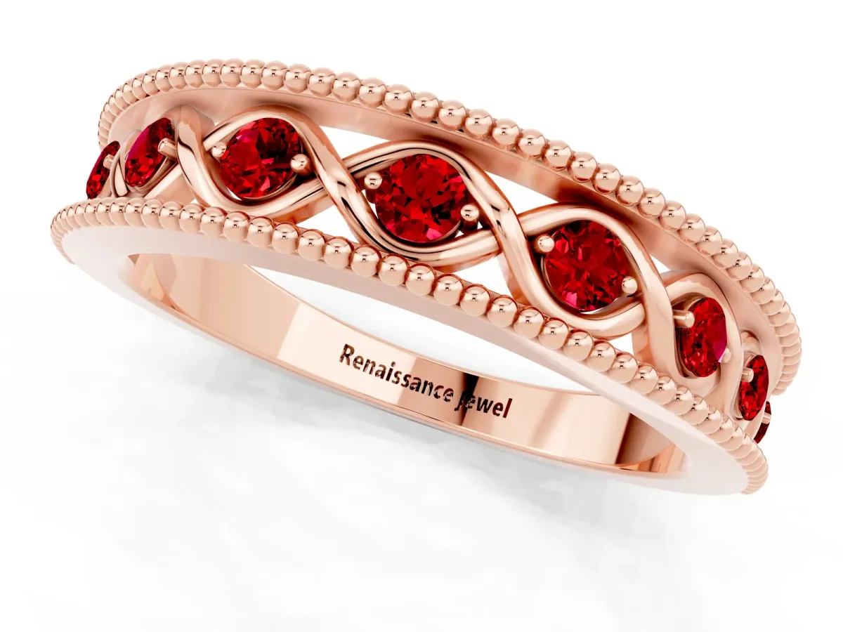Round Ruby Twist Milgrain Band with Bezel Setting Rose gold