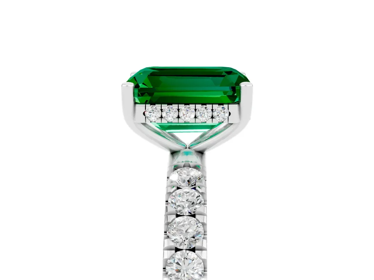 Emerald Cut Emerald Pave Band Solitaire Ring with Round and Prong Setting Platinum