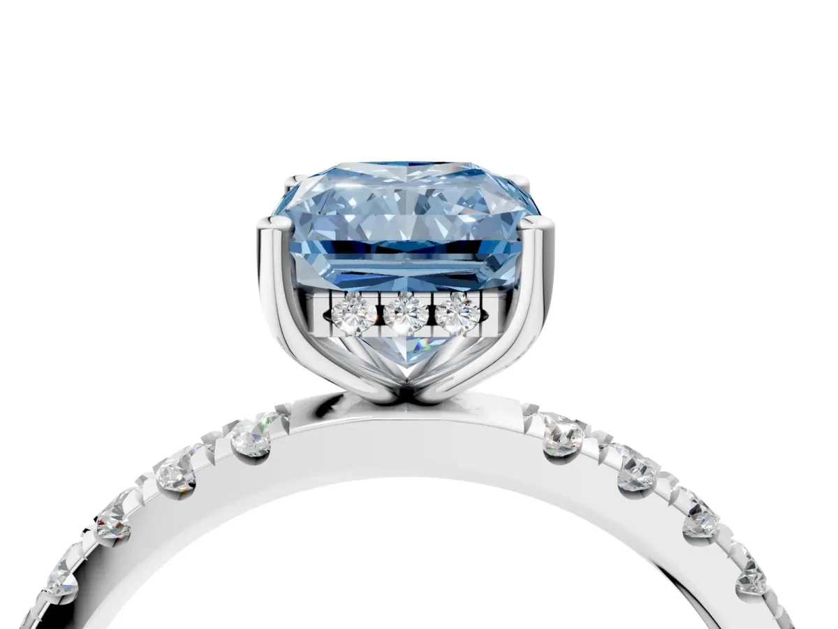Fancy Blue Radiant Cut Diamond Pave Band Solitaire Ring with Round and Prong Setting Silver