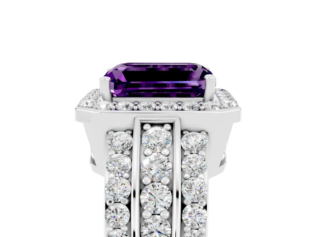Emerald Cut Halo Amethyst Ring with Round Split Shank and Prong Setting Silver
