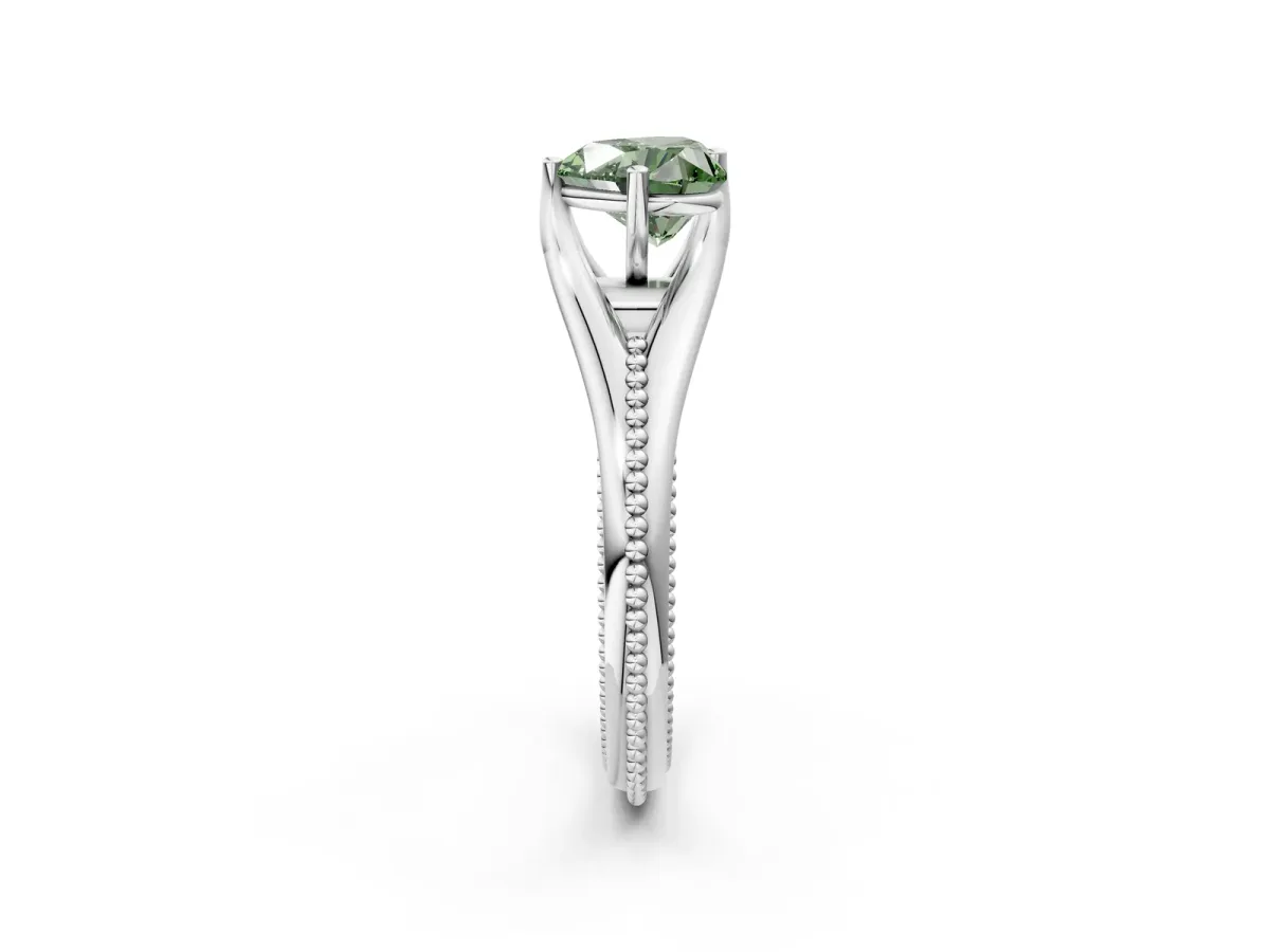 Fancy Green Heart Cut Solitaire Beaded Band Six-Prong Setting Platinum