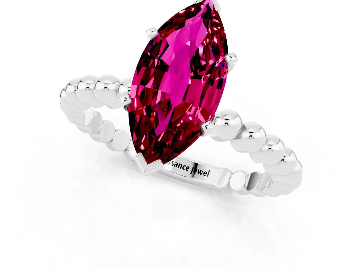 Marquise Cut Garnet Solitaire Ring with Beaded Band and Prong Setting Platinum