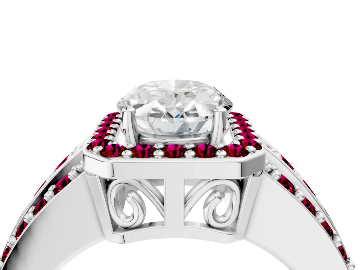 Oval Cut Halo Diamond Ring with Round Garnet Split Shank and Prong Setting Silver