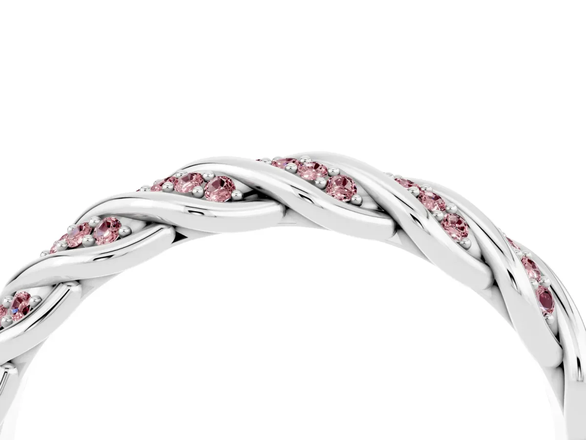 Twisted Pavé Round Morganite Eternity Band with Shared Prong Setting Silver