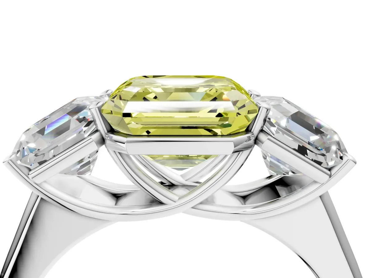 Fancy Yellow Asscher Cut Three-Stone Diamond Ring with Prong Setting on a Classic Band Platinum