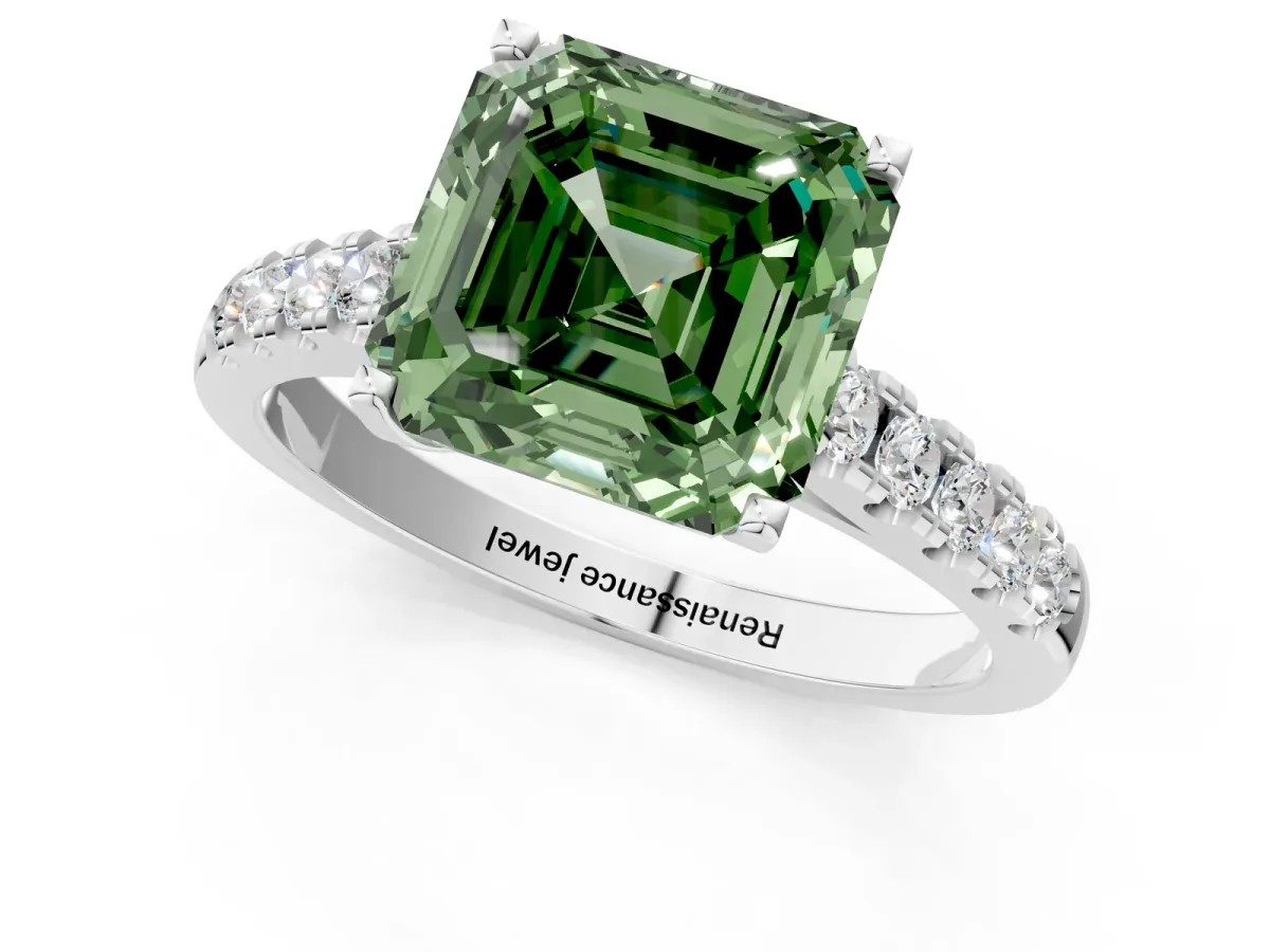 Fancy Green Asscher Cut Diamond Pavé Band Solitaire Ring with Prong Setting Platinum